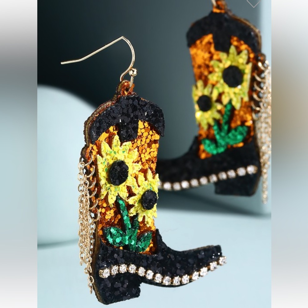 Glitter Sunflower Black Boot Earrings - Picture 2 of 11